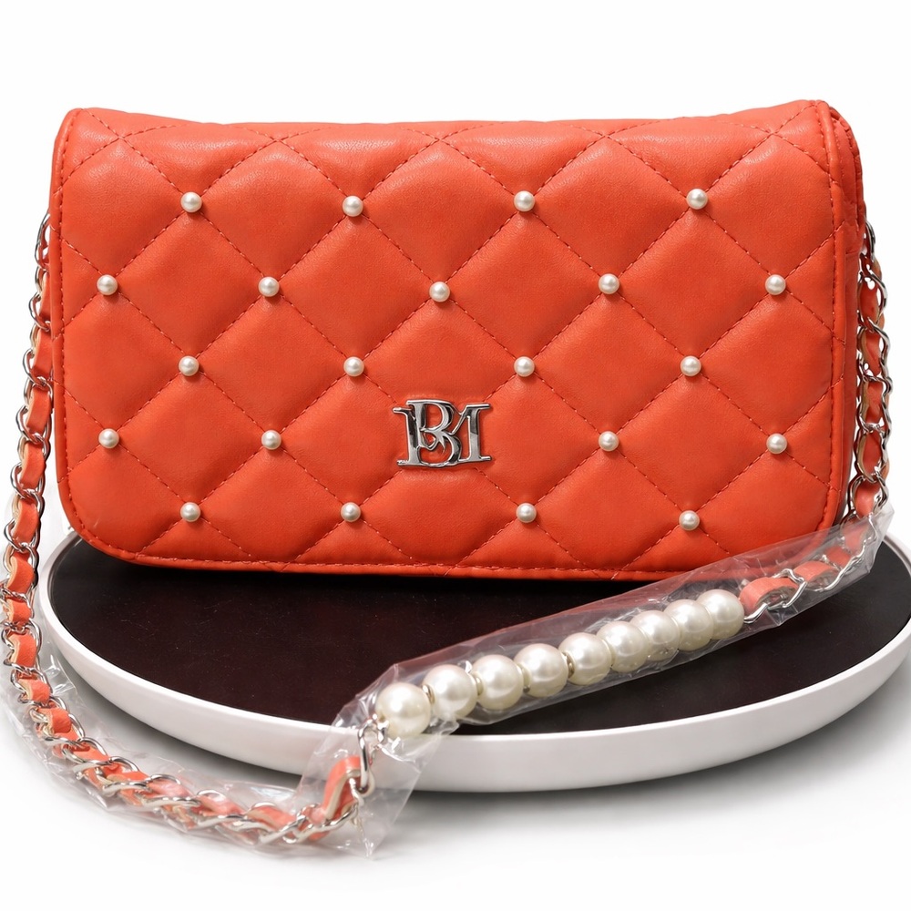 Badgley Mischka Quilted Pearl Accent Crossbody Bag in Coral